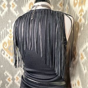 Ralph Lauren Black Label Jet Black Leather Fringe Tank Top